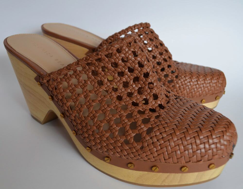 Veronica Beard Hardie Woven Leather Clog Mules in Cognac Brown